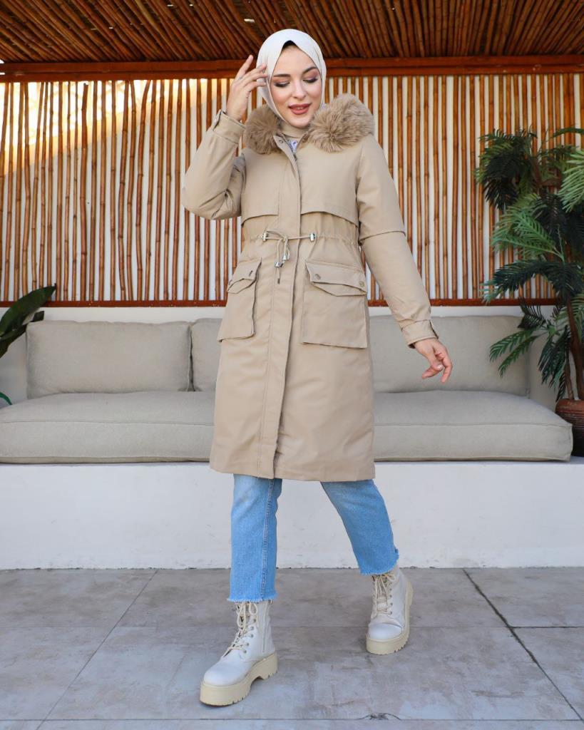 new season women's winter stylish and modern midi jacket model S0015 - Beige