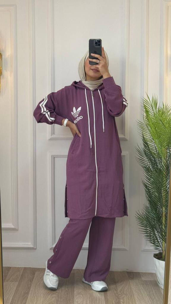 Three-piece pajama for veiled women, combining an inner T-shirt, a long jacket and comfortable pants, model G1152 - Lilac