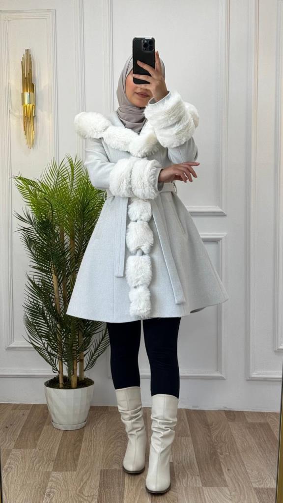 Mid-length winter jacket with fur detail and waist belt, stylish and warm, model m9007 - White