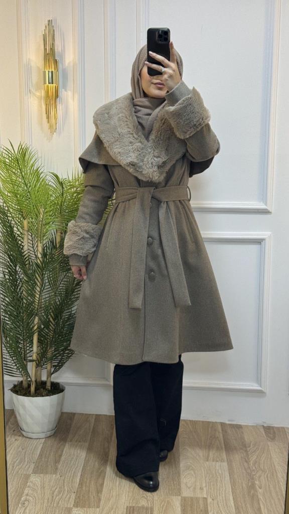 Stylish winter coat with fur collar and sleeves, and belt that highlights the waist, model m9025 - Tan