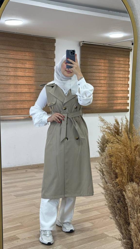 Trench coat with shirt for summer season for veiled women, model G0593 - EKRU