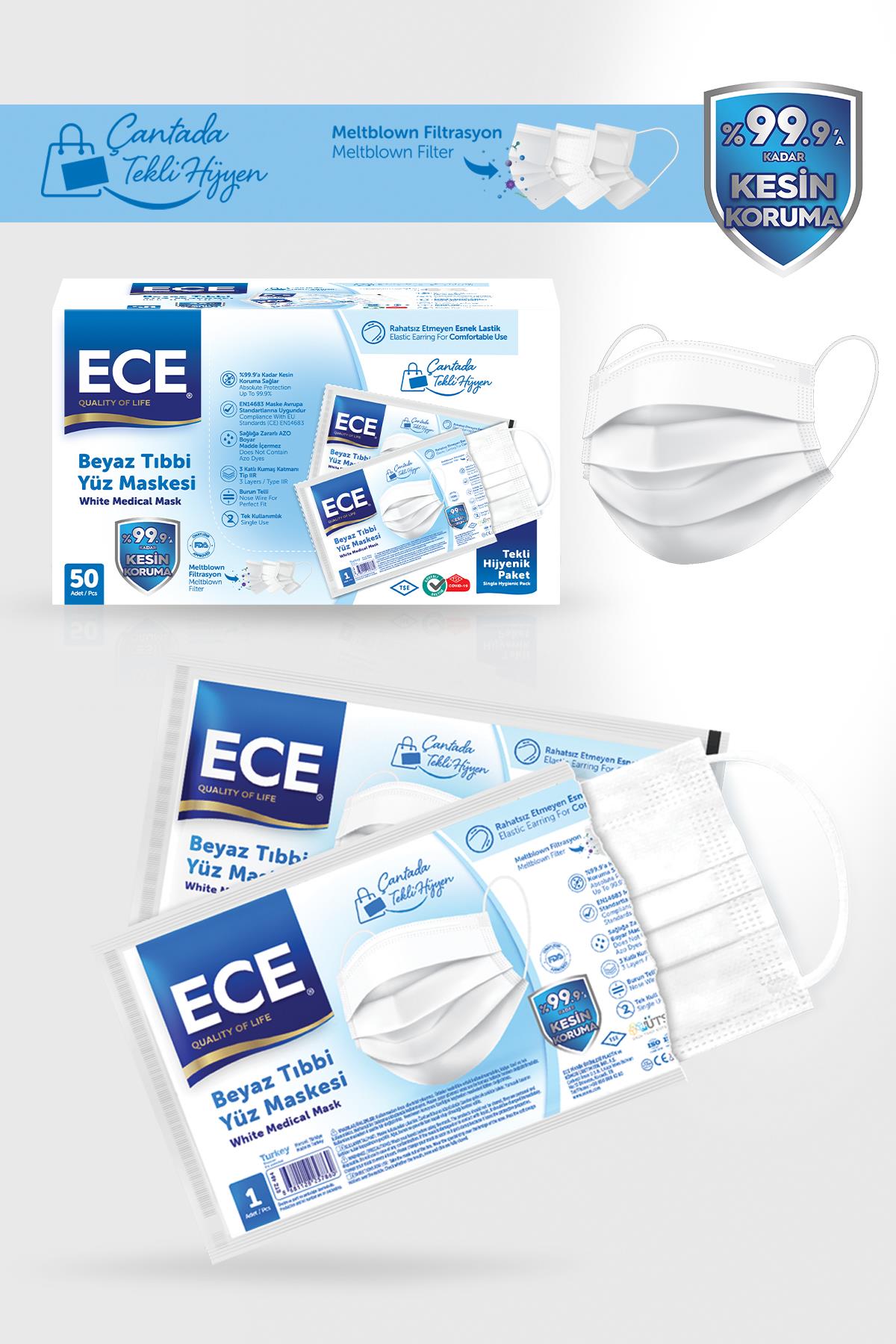 ECE Full Ultrasonik Tek Tek Paketli Meltblownlu Beyaz Maske 50 Adet