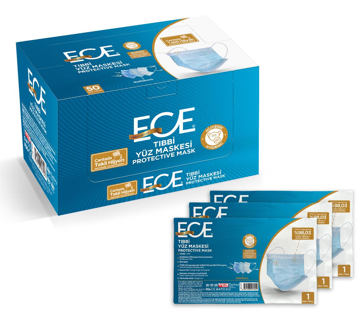 ECE Full Ultrasonik Tek Tek Paketli Meltblownlu TURKUAZ Maske 50 Adet