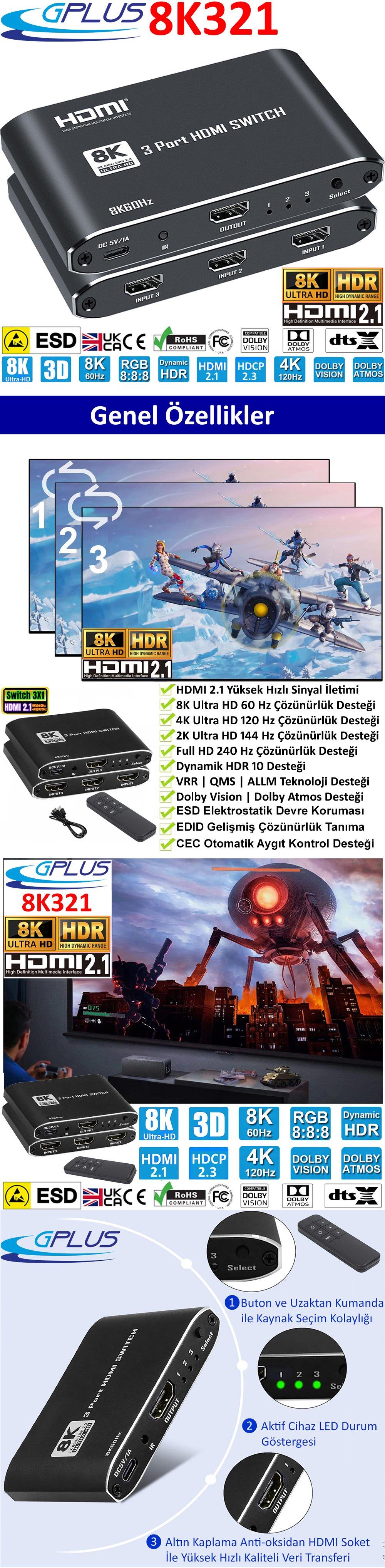 Gplus 8K321A Ultra HD 4320P 60Hz 4K UHD 120Hz 2K UHD 144Hz Full HD 1080P 240Hz 3x1 HDMI 2.1 Switch D-HDR HDR10 HDCP 2.3 48 Gpbs VRR QMS QFT ALLM Dolby Vision & Atmos Destekli 3 Giriş 1 Çıkış EDID CEC Destekli Profesyonel Metal Kasa HDMI 2.1 Switch