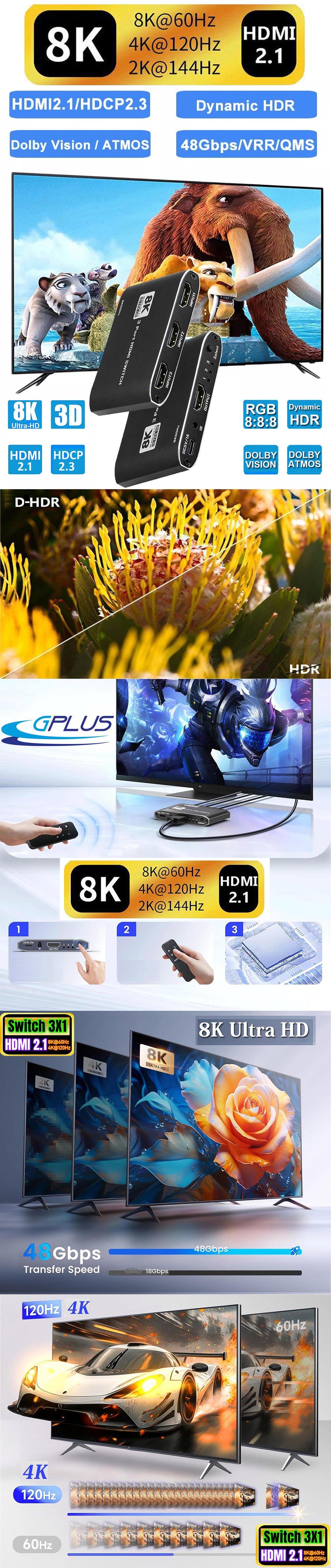 Gplus 8K321A Ultra HD 4320P 60Hz 4K UHD 120Hz 2K UHD 144Hz Full HD 1080P 240Hz 3x1 HDMI 2.1 Switch D-HDR HDR10 HDCP 2.3 48 Gpbs VRR QMS QFT ALLM Dolby Vision & Atmos Destekli 3 Giriş 1 Çıkış EDID CEC Destekli Profesyonel Metal Kasa HDMI 2.1 Switch