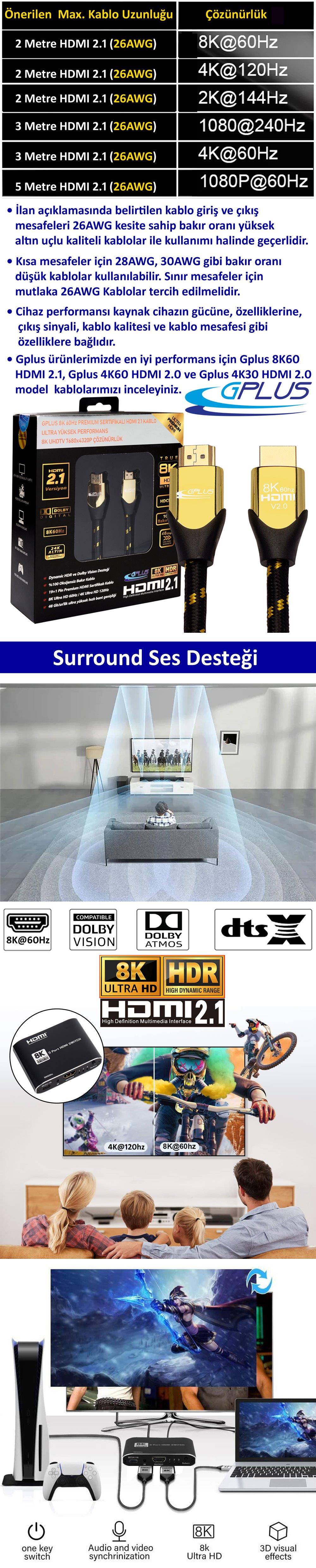Gplus 8K321A Ultra HD 4320P 60Hz 4K UHD 120Hz 2K UHD 144Hz Full HD 1080P 240Hz 3x1 HDMI 2.1 Switch D-HDR HDR10 HDCP 2.3 48 Gpbs VRR QMS QFT ALLM Dolby Vision & Atmos Destekli 3 Giriş 1 Çıkış EDID CEC Destekli Profesyonel Metal Kasa HDMI 2.1 Switch