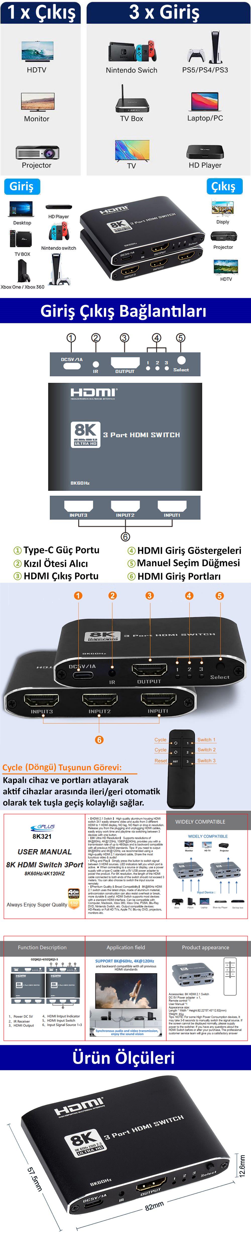 Gplus 8K321A Ultra HD 4320P 60Hz 4K UHD 120Hz 2K UHD 144Hz Full HD 1080P 240Hz 3x1 HDMI 2.1 Switch D-HDR HDR10 HDCP 2.3 48 Gpbs VRR QMS QFT ALLM Dolby Vision & Atmos Destekli 3 Giriş 1 Çıkış EDID CEC Destekli Profesyonel Metal Kasa HDMI 2.1 Switch