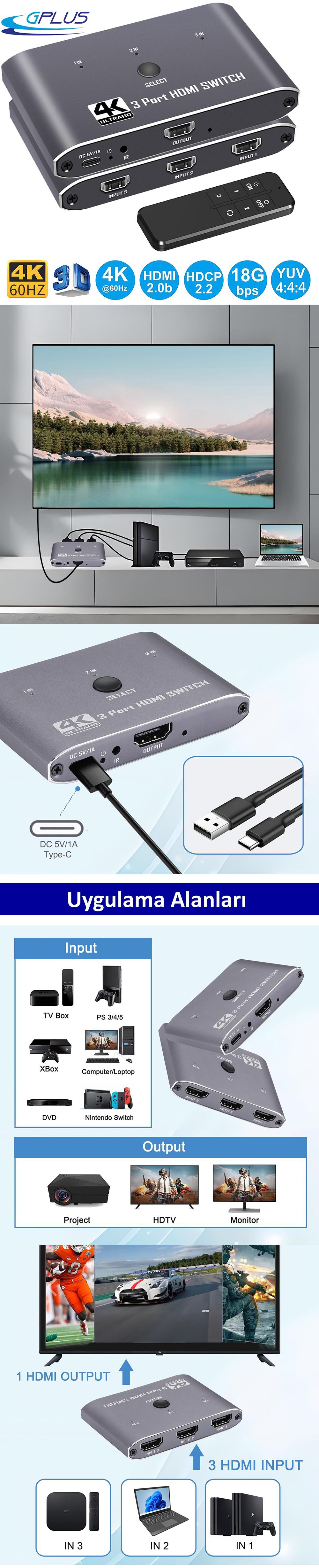 Gplus 4K321M HDMI 3 Port Switch