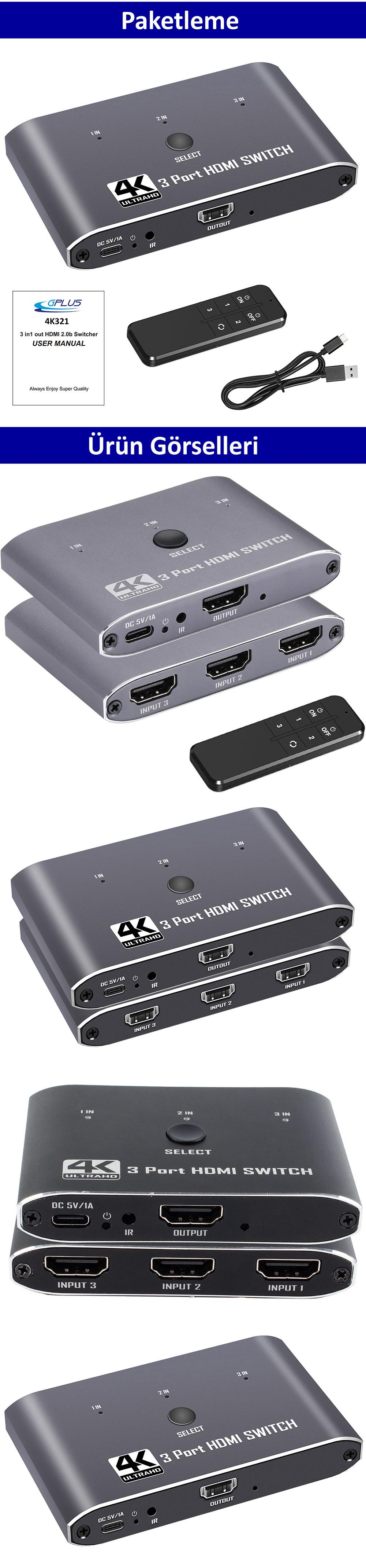 Gplus 4K321M 4K EDID CEC 3 Port HDMI Switch