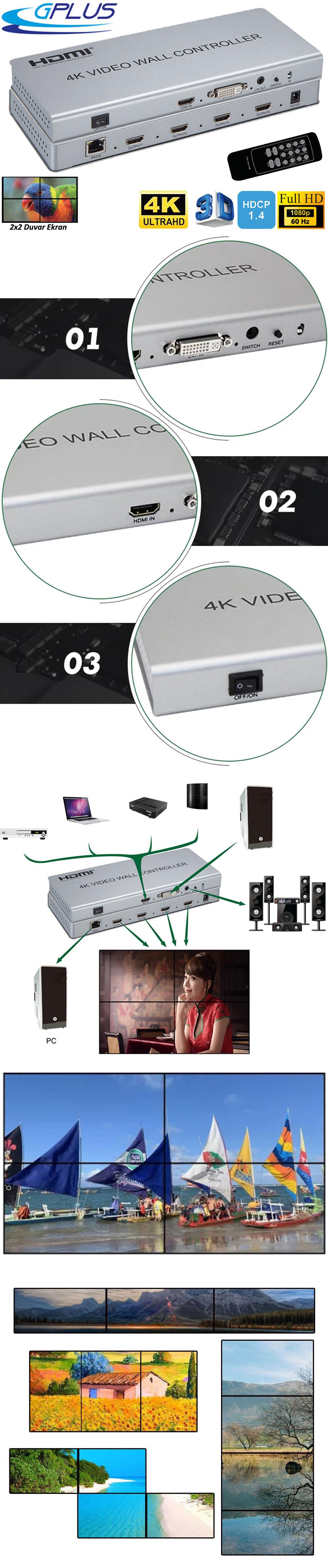 Gplus 4KVW243 2x2 Video Wall Controller 4K Duvar Ekran Denetleyici