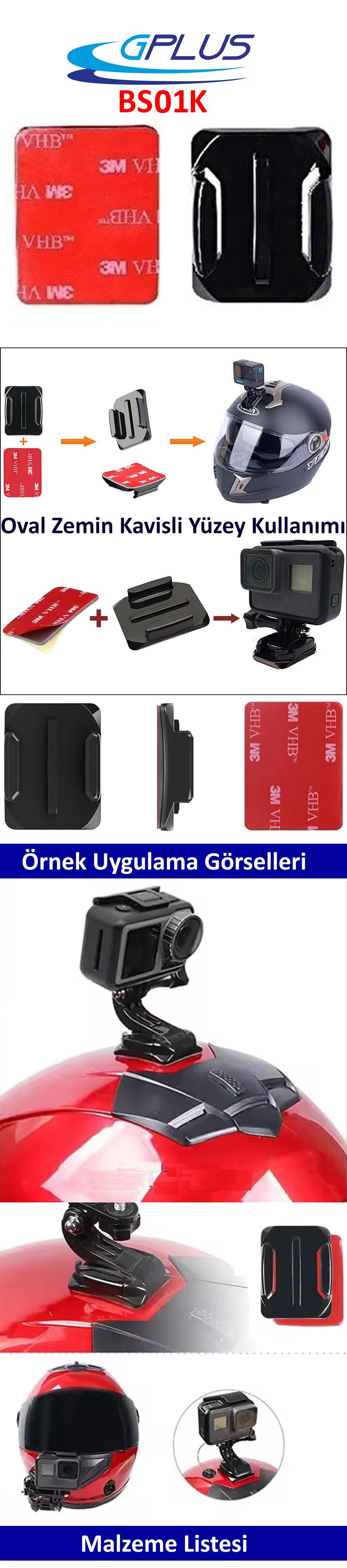 Gplus BS01K 2 Parça Oval Zemin Kavisli Yüzey Aksiyon Kamera Uyumlu 3M Yapışkan Motor Kask Bağlantı Aparatı