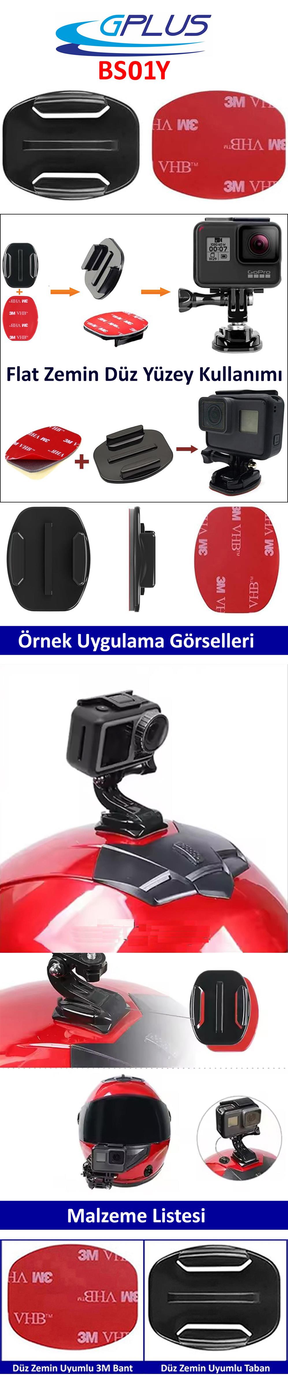 Gplus BS01Y 2 Parça Flat Zemin Düz Yüzey Aksiyon Kamera Uyumlu 3M Yapışkanlı Motor Kask Bağlantı Aparatı