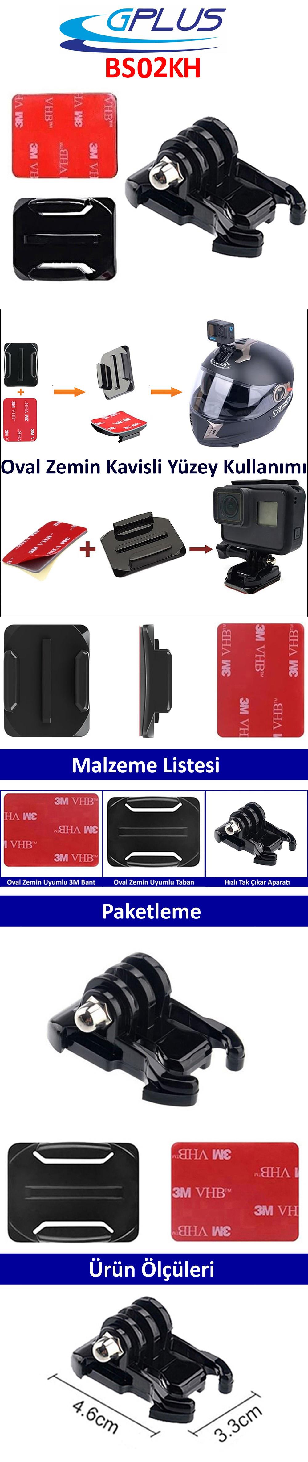 Gplus BS02KH 3 Parça Oval Zemin Kavisli Yüzey Hızlı Tak Aksiyon Kamera 3M Yapışkan Motor Kask Bağlantı Seti