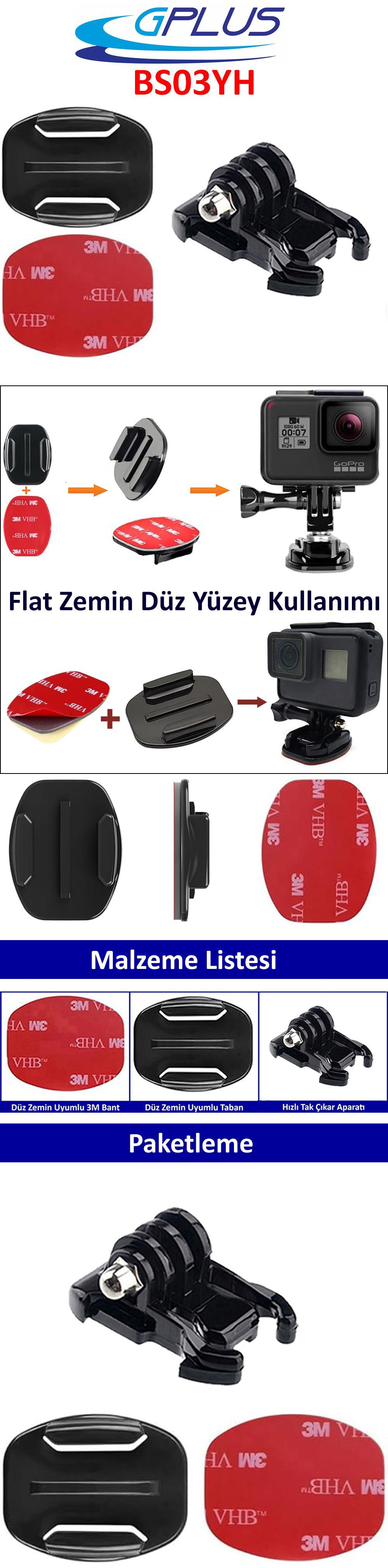 Gplus BS02YH 3 Parça Flat Zemin Düz Yüzey Hızlı Tak Aksiyon Kamera 3M Yapışkanlı Motor Kask Bağlantı Seti