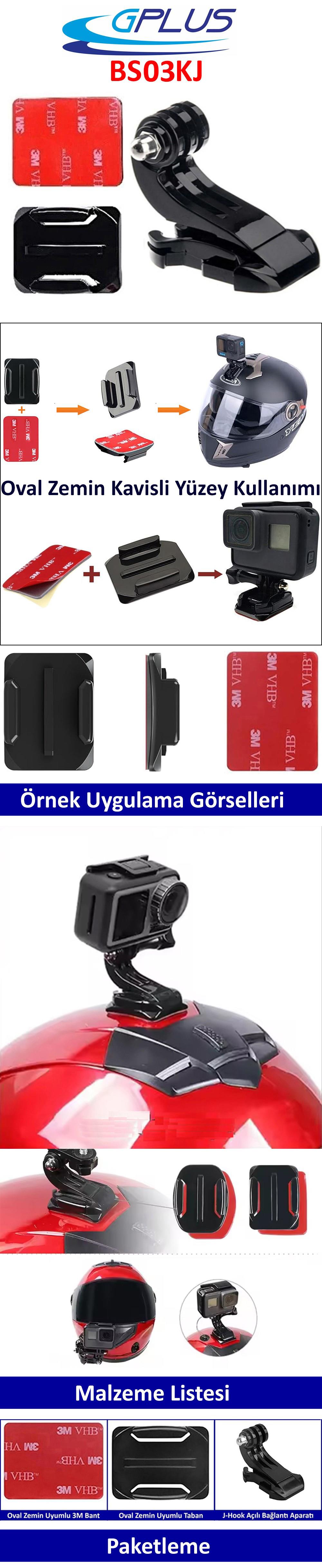Gplus BS03KJ 3 Parça Oval Zemin Kavisli Yüzey J-Hook Aksiyon Kamera 3M Yapışkan Motor Kask Bağlantı Seti