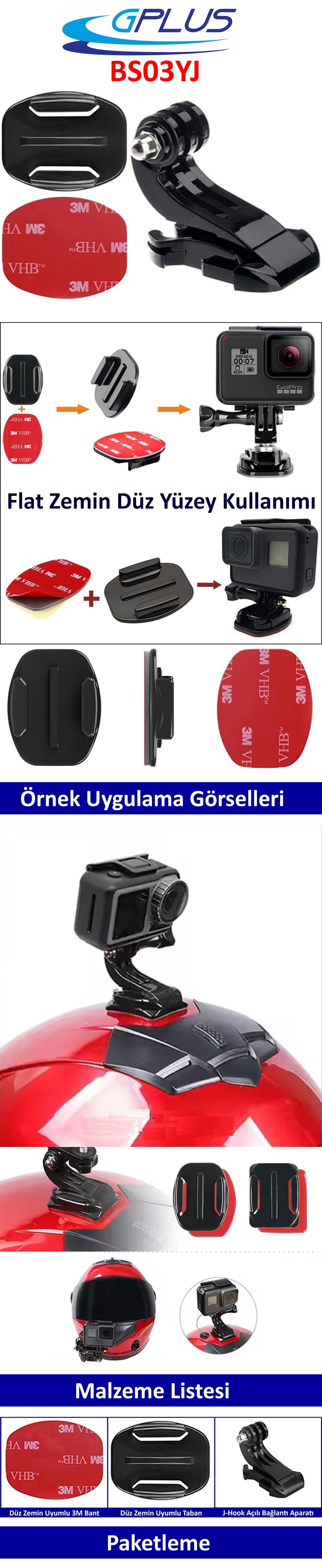 Gplus BS03YJ 3 Parça Flat Zemin Düz Yüzey J-Hook Aksiyon Kamera 3M Yapışkanlı Motor Kask Bağlantı Seti