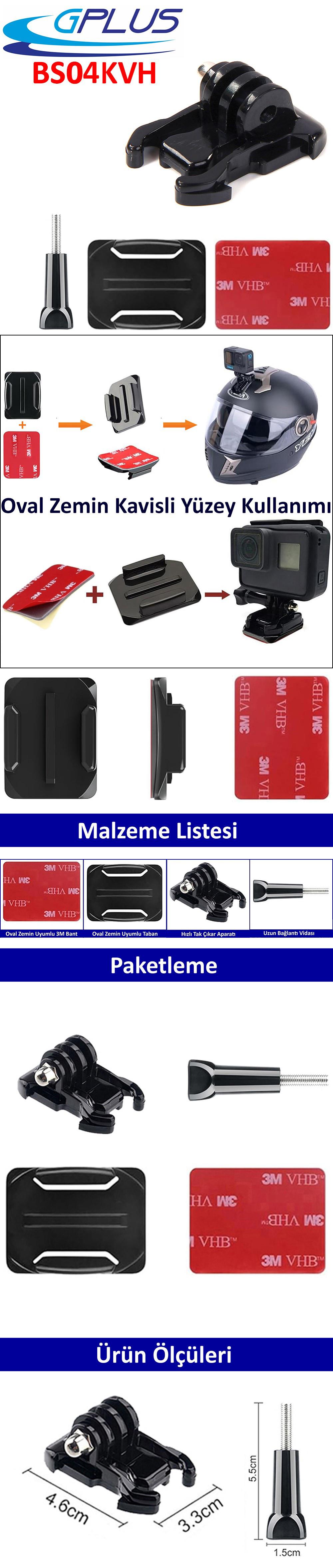 Gplus BS04KVH 4 Parça Oval Zemin Eğimli Yüzey Vidalı Hızlı Tak Aksiyon Kamera Uyumlu 3M Yapışkanlı Motor Kask Bağlantı Base Seti