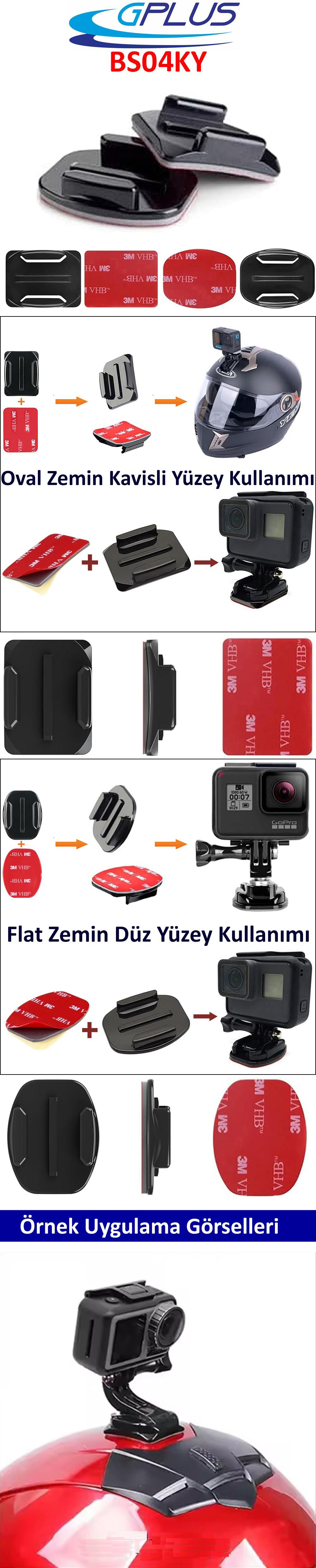 Gplus BS04KY 4 Parça Oval Eğimli Yüzey ve Flat Düz Zemin Aksiyon Kamera Uyumlu 3M Yapışkan Motor Kask Bağlantı Seti