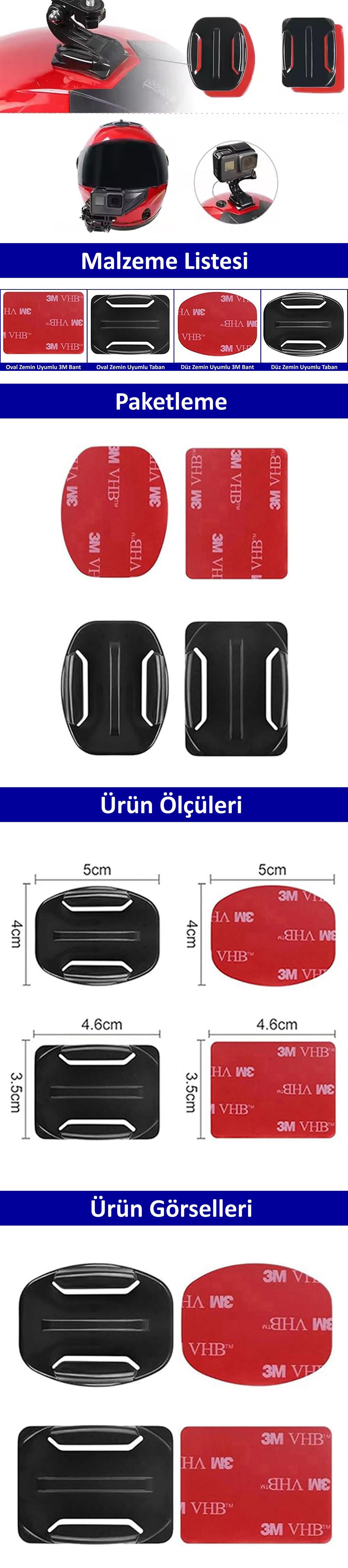 Gplus BS04KY 4 Parça Oval Eğimli Yüzey ve Flat Düz Zemin Aksiyon Kamera Uyumlu 3M Yapışkan Motor Kask Bağlantı Seti