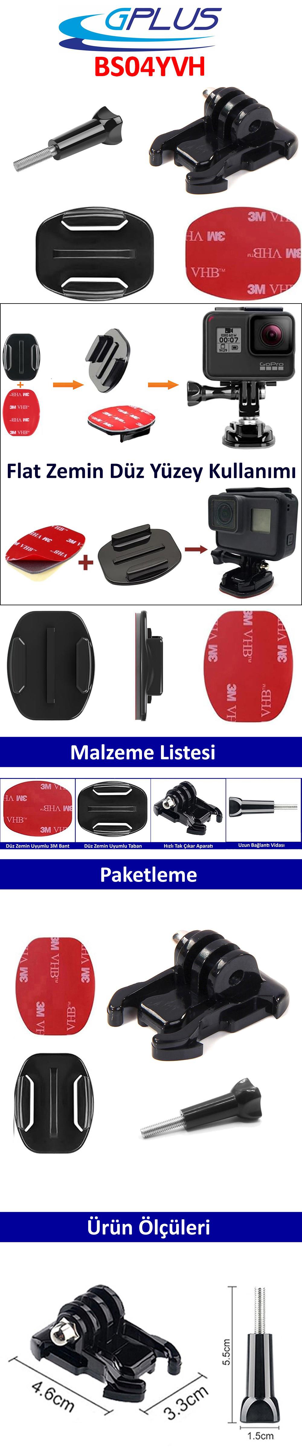 Gplus BS04YVH 4 Parça Flat Zemin Düz Yüzey Vidalı Hızlı Tak Aksiyon Kamera Uyumlu 3M Yapışkanlı Motor Kask Bağlantı Base Seti