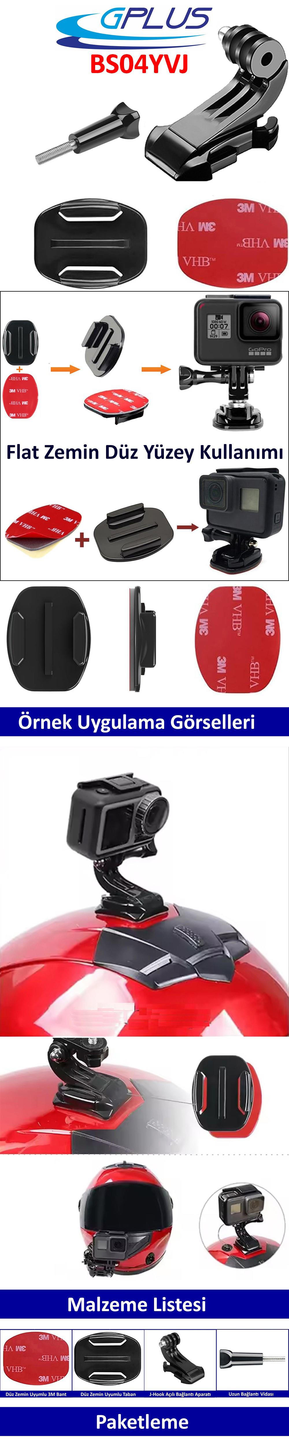 Gplus BS04YVJ 4 Parça Flat Zemin Düz Yüzey Vidalı J-Hook Açılı Hızlı Tak Aksiyon Kamera Uyumlu 3M Yapışkanlı Motor Kask Bağlantı Base Seti