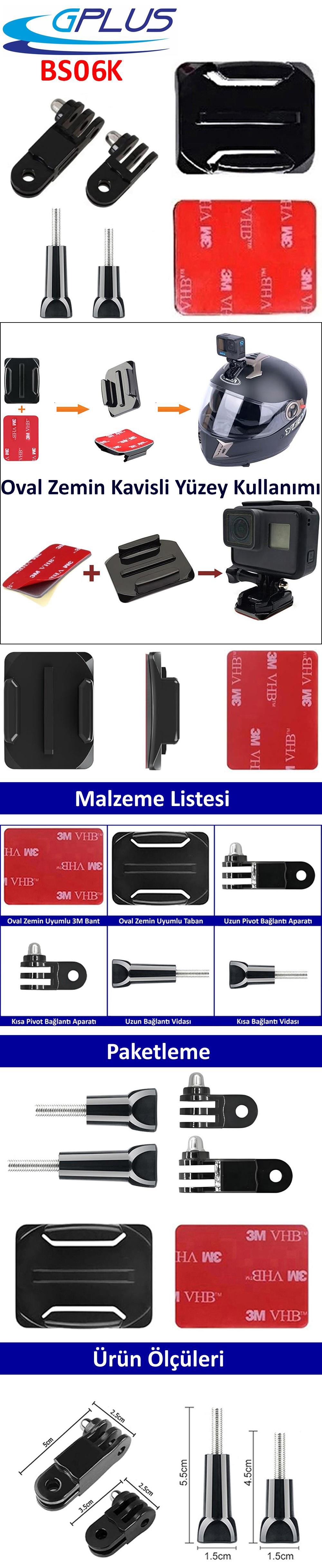 Gplus BS06K 6 Parça Oval Zemin Kavisli Yüzey 3 Yollu Aksiyon Kamera Uyumlu 3M Yapışkanlı Motor Kask Bağlantı Seti