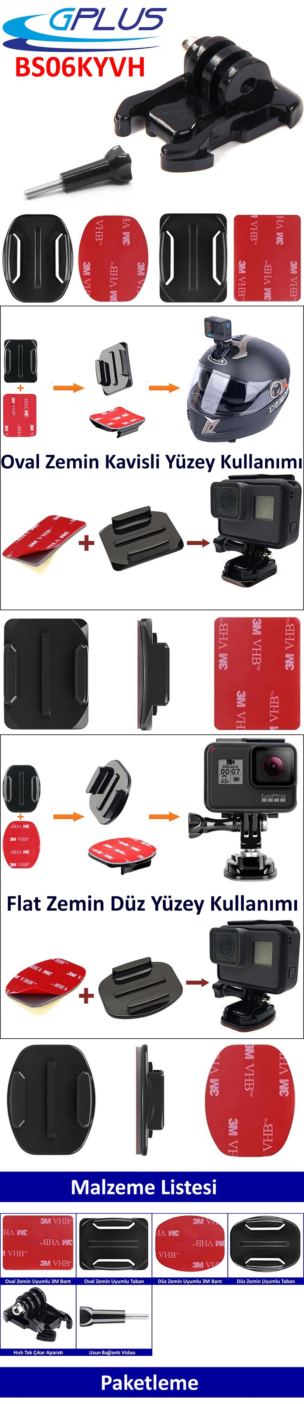 Gplus BS06KYVH 6 Parça Oval Eğimli Zemin ve Flat Düz Yüzey Vidalı Hızlı Tak Aksiyon Kamera Uyumlu 3M Yapışkanlı Motor Kask Bağlantı Base Seti