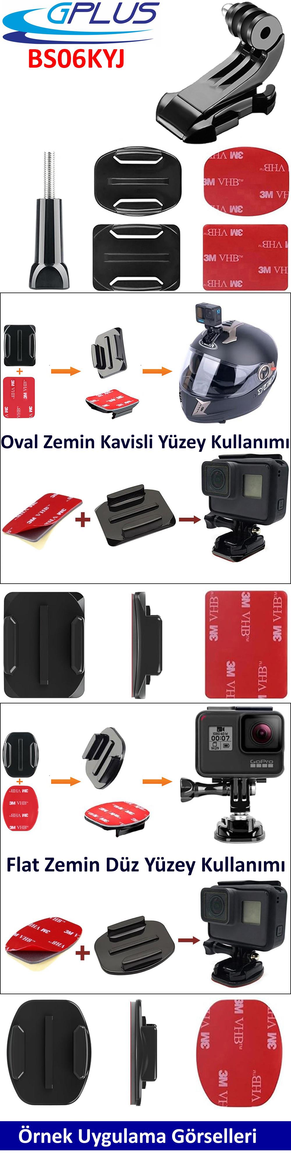Gplus BS06KYVJ 6 Parça Oval Eğimli Zemin ve Flat Düz Yüzey Vidalı J-Hook Açılı Hızlı Tak Aksiyon Kamera Uyumlu 3M Yapışkanlı Motor Kask Bağlantı Base Seti