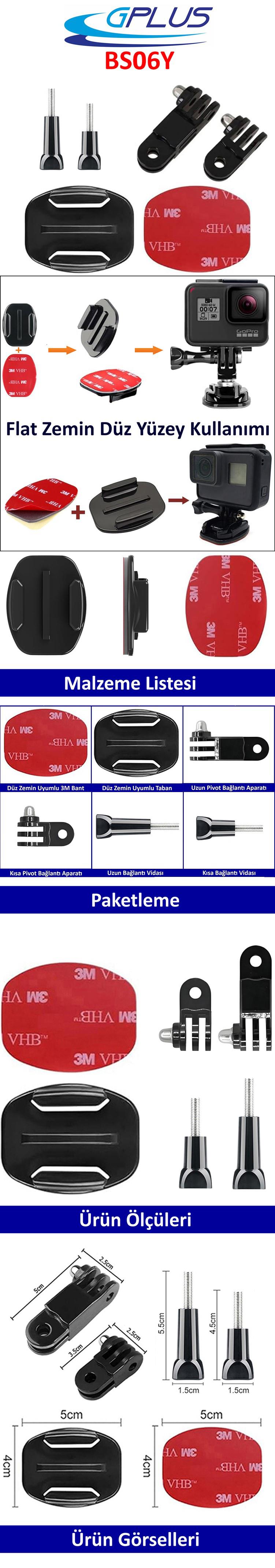 Gplus BS06Y 6 Parça Flat Zemin Düz Yüzey 3 Yollu Aksiyon Kamera Uyumlu 3M Yapışkan Motor Kask Bağlantı Seti