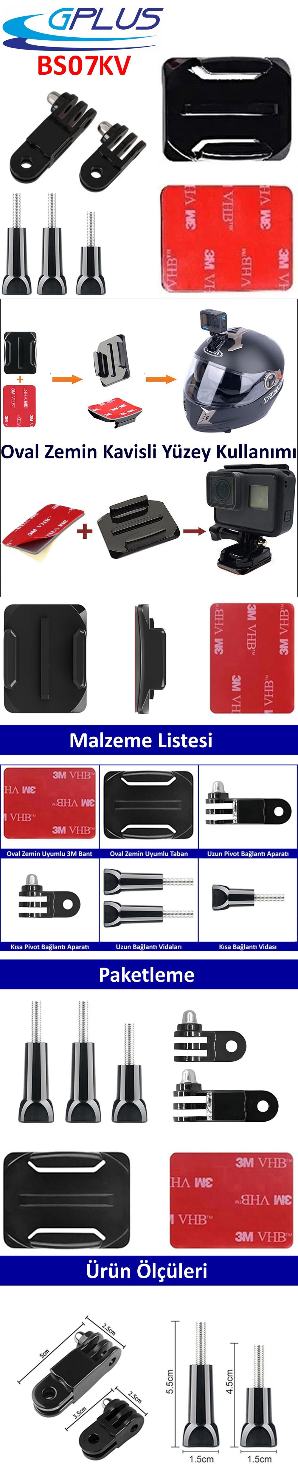 Gplus BS07KV 7 Parça Oval Zemin Kavisli Yüzey Vidalı 3 Yollu Aksiyon Kamera Uyumlu 3M Yapışkan Motor Kask Bağlantı Seti
