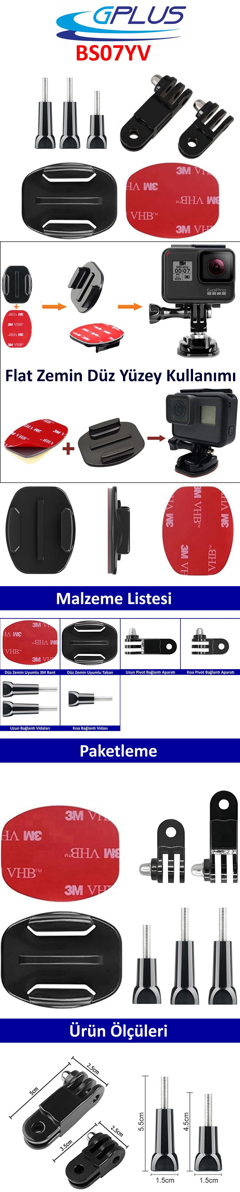 Gplus BS07YV 7 Parça Flat Zemin Düz Yüzey Vidalı 3 Yollu Aksiyon Kamera Uyumlu 3M Yapışkanlı Motor Kask Bağlantı Seti
