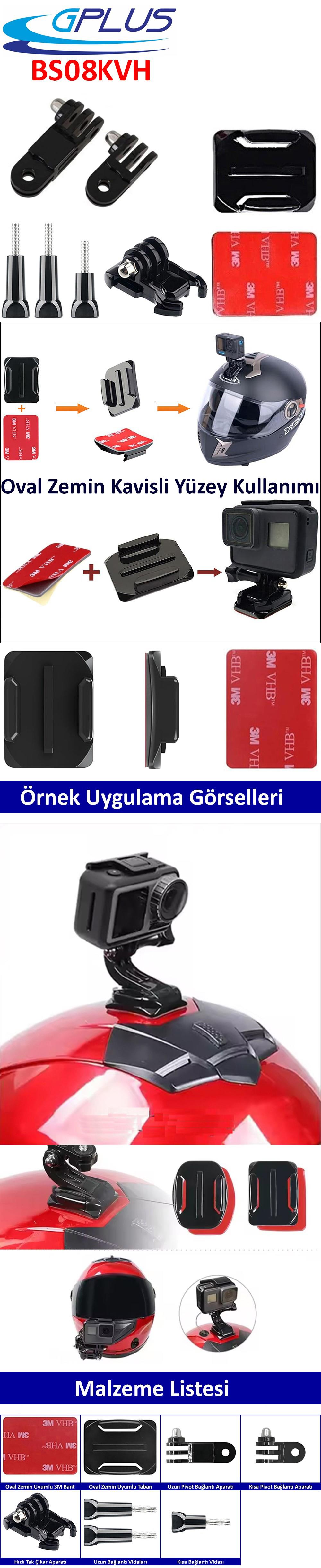 Gplus BS08KVH 8 Parça Oval Zemin Kavisli Yüzey Vidalı Hızlı Tak 3 Yollu Aksiyon Kamera Uyumlu 3M Yapışkan Motor Kask Bağlantı Seti
