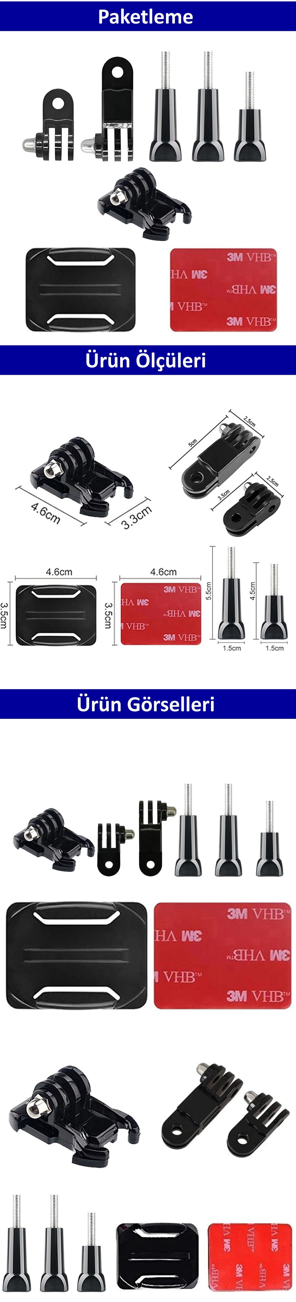 Gplus BS08KVH 8 Parça Oval Zemin Kavisli Yüzey Vidalı Hızlı Tak 3 Yollu Aksiyon Kamera Uyumlu 3M Yapışkan Motor Kask Bağlantı Seti