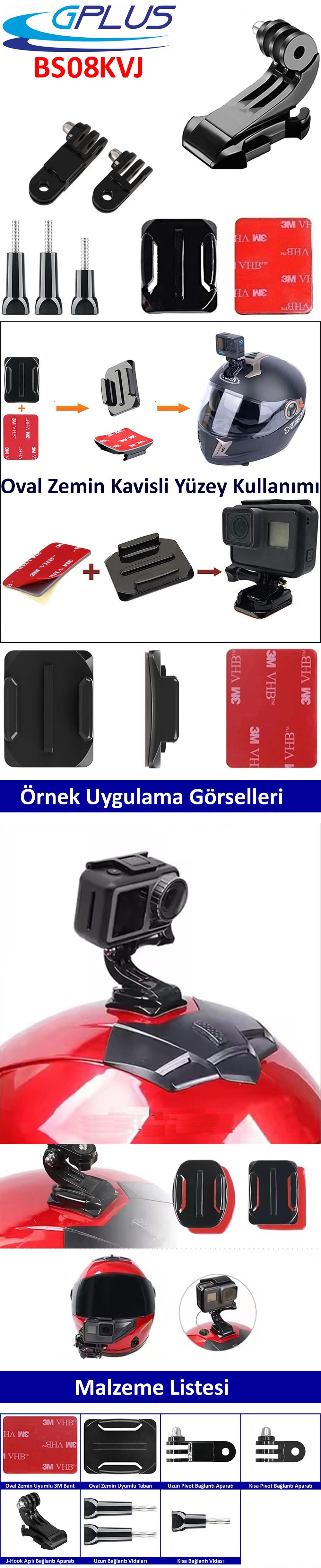 Gplus BS08KVJ 8 Parça Oval Zemin Kavisli Yüzey Vidalı J-Hook 3 Yollu Aksiyon Kamera Uyumlu 3M Yapışkan Motor Kask Bağlantı Seti