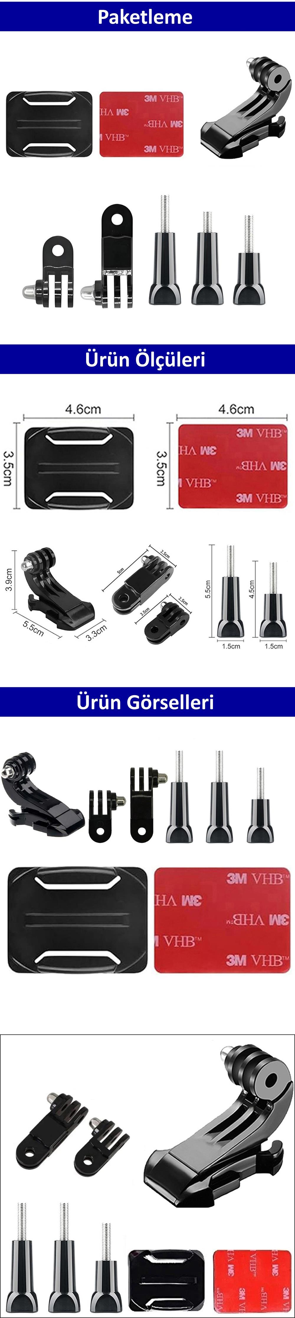 Gplus BS08KVJ 8 Parça Oval Zemin Kavisli Yüzey Vidalı J-Hook 3 Yollu Aksiyon Kamera Uyumlu 3M Yapışkan Motor Kask Bağlantı Seti