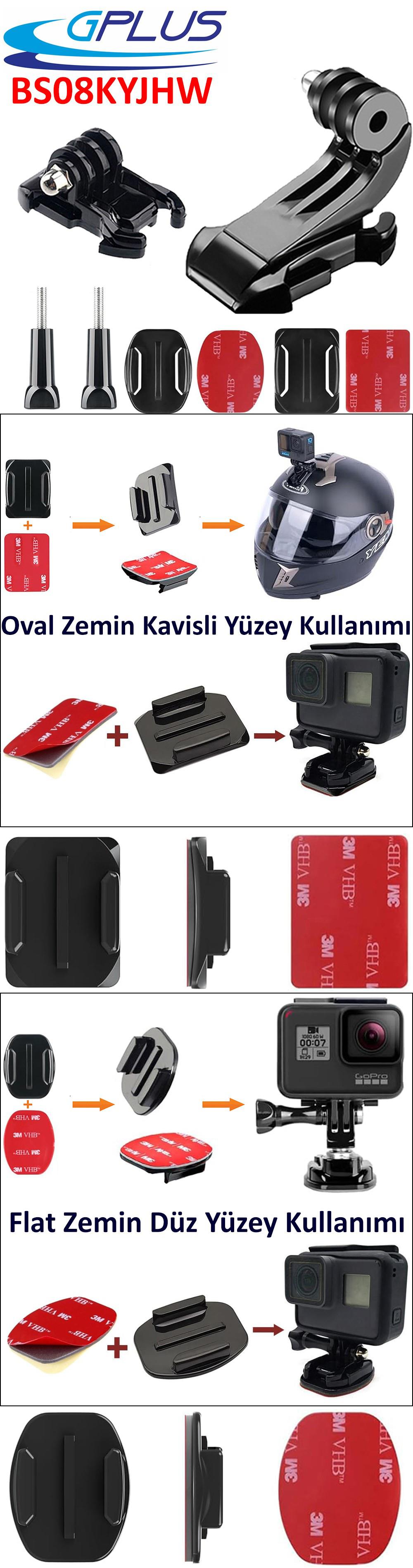 Gplus BS08KYJHW 8 Parça Oval Eğimli Zemin ve Flat Düz Yüzey Vidalı Hızlı Tak J-Hook Açılı Aksiyon Kamera Uyumlu 3M Yapışkanlı Motor Kask Bağlantı Base Seti