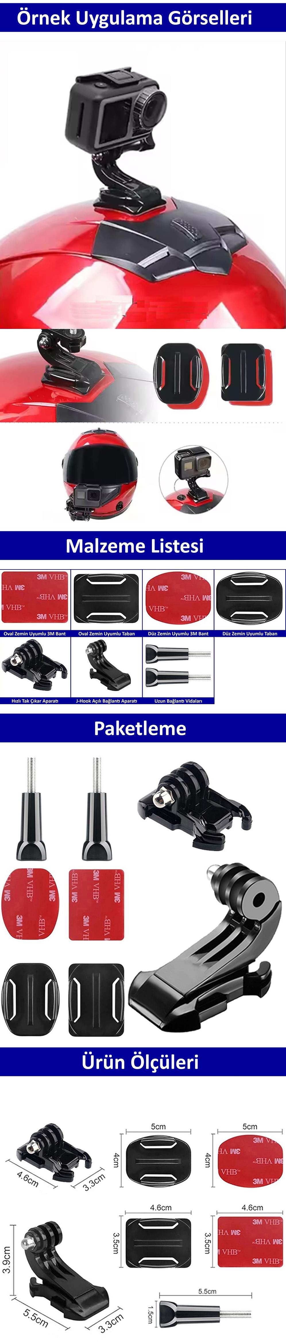 Gplus BS08KYJHW 8 Parça Oval Eğimli Zemin ve Flat Düz Yüzey Vidalı Hızlı Tak J-Hook Açılı Aksiyon Kamera Uyumlu 3M Yapışkanlı Motor Kask Bağlantı Base Seti