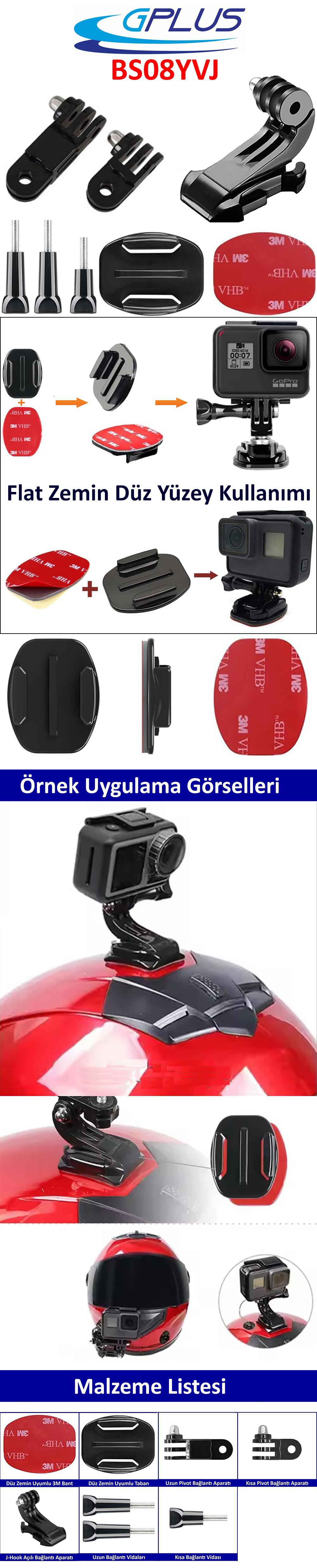 Gplus BS08YVJ 8 Parça Flat Zemin Düz Yüzey Vidalı J-Hook Açılı 3 Yollu Aksiyon Kamera Uyumlu 3M Yapışkanlı Motor Kask Bağlantı Seti