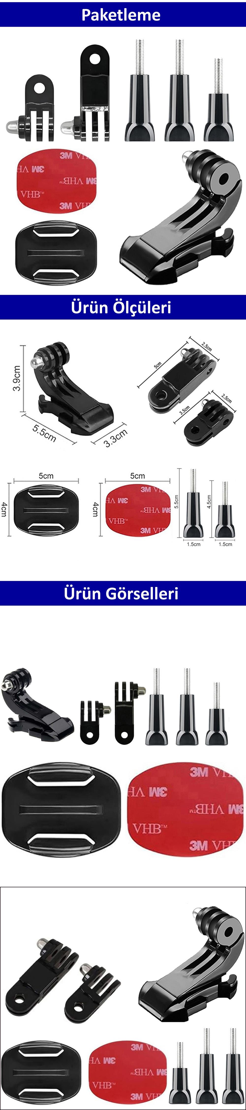 Gplus BS08YVJ 8 Parça Flat Zemin Düz Yüzey Vidalı J-Hook Açılı 3 Yollu Aksiyon Kamera Uyumlu 3M Yapışkanlı Motor Kask Bağlantı Seti