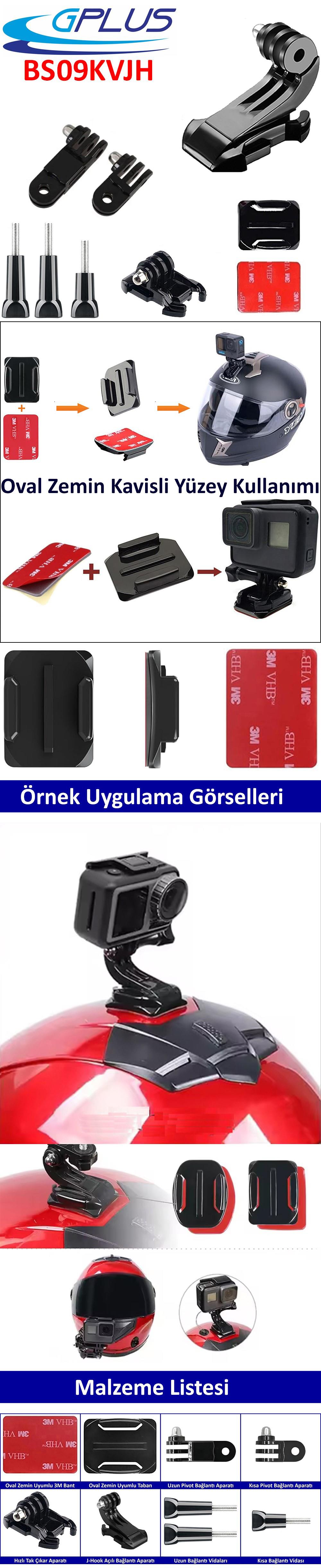 Gplus BS09KVJH 9 Parça Oval Zemin Kavisli Yüzey Vidalı J-Hook Hızlı Tak 3 Yollu Aksiyon Kamera Uyumlu 3M Yapışkanlı Motor Kask Bağlantı Seti
