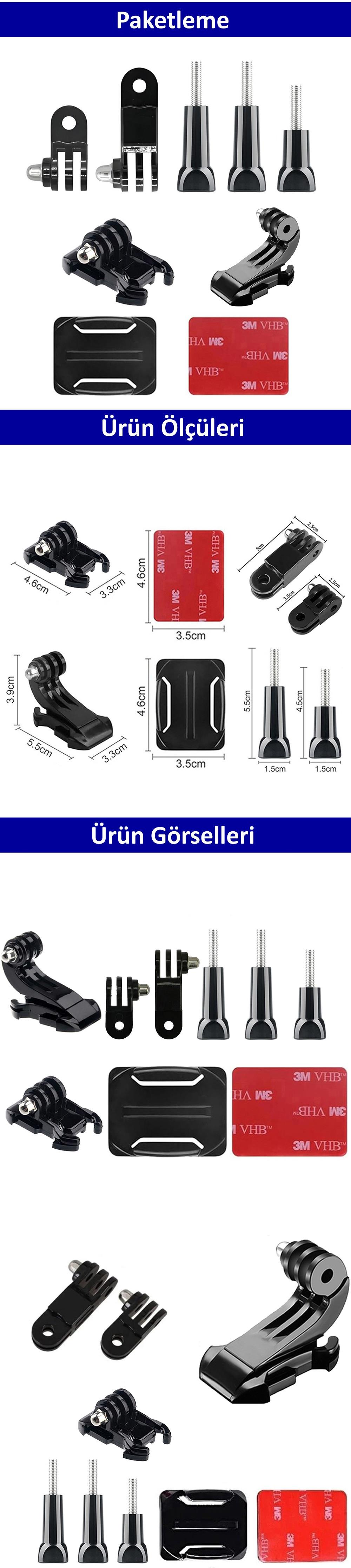 Gplus BS09KVJH 9 Parça Oval Zemin Kavisli Yüzey Vidalı J-Hook Hızlı Tak 3 Yollu Aksiyon Kamera Uyumlu 3M Yapışkanlı Motor Kask Bağlantı Seti