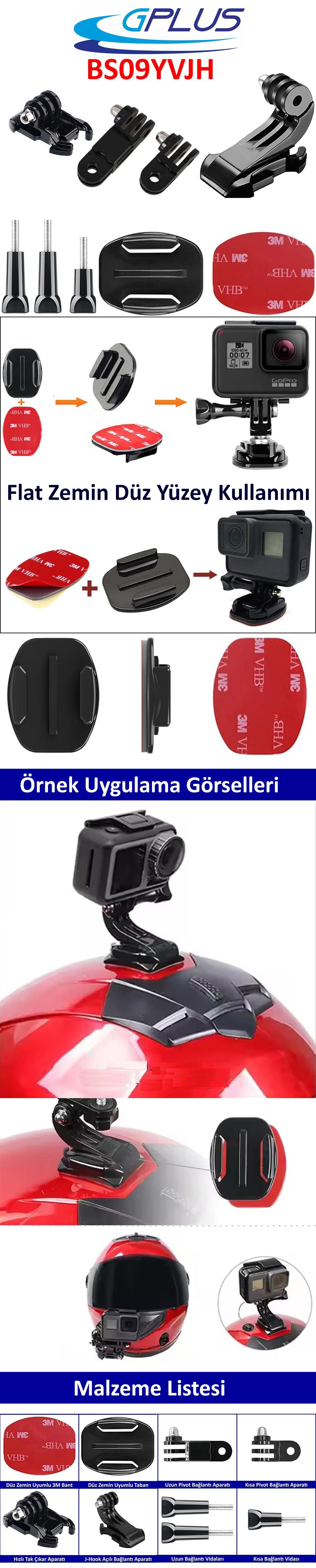 Gplus BS09YVJH 9 Parça Flat Zemin Düz Yüzey Vidalı J-Hook Açılı Hızlı Tak 3 Yollu Aksiyon Kamera Uyumlu 3M Yapışkanlı Motor Kask Bağlantı Seti