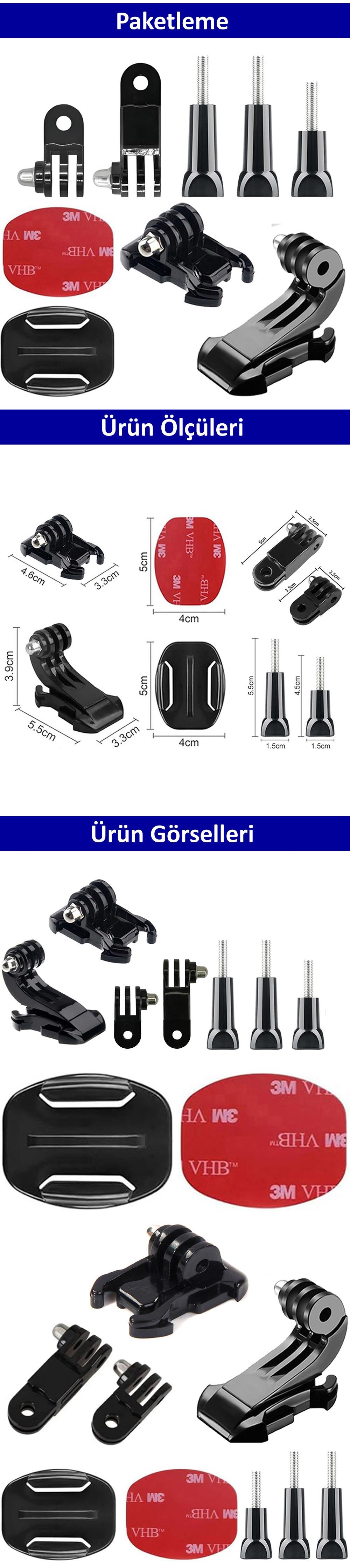 Gplus BS09YVJH 9 Parça Flat Zemin Düz Yüzey Vidalı J-Hook Açılı Hızlı Tak 3 Yollu Aksiyon Kamera Uyumlu 3M Yapışkanlı Motor Kask Bağlantı Seti
