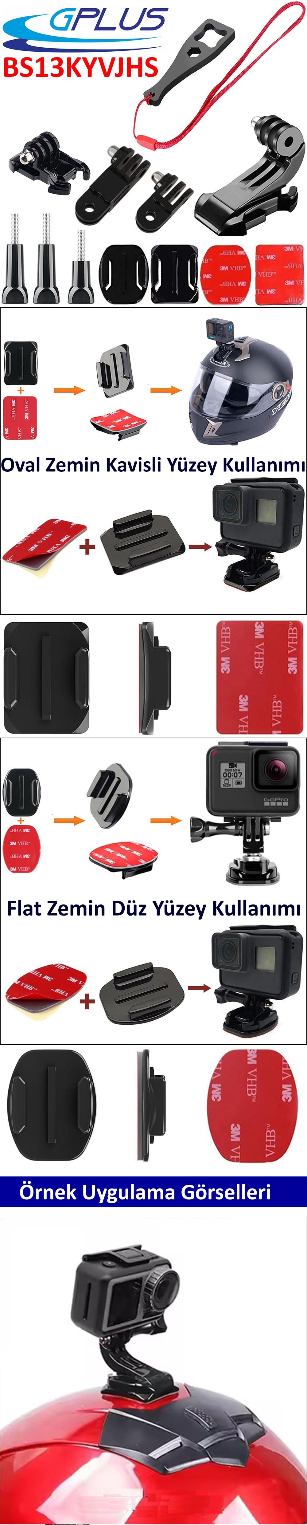 Gplus BS13KYVJHS 13 Parça Oval Eğimli Yüzey ve Flat Düz Zemin Hızlı Tak J-Hook 3 Yollu Aksiyon Kamera Uyumlu 3M Yapışkan Motor Kask Bağlantı Seti