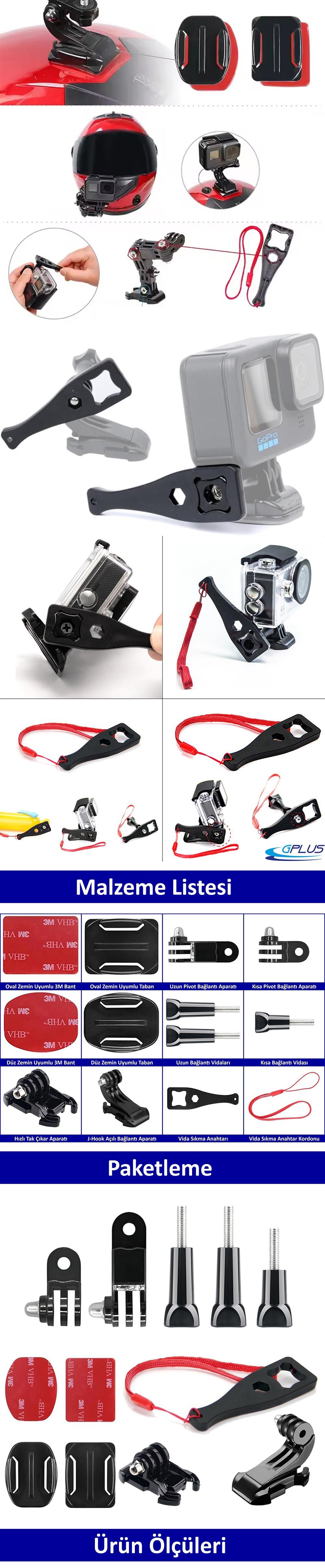 Gplus BS13KYVJHS 13 Parça Oval Eğimli Yüzey ve Flat Düz Zemin Hızlı Tak J-Hook 3 Yollu Aksiyon Kamera Uyumlu 3M Yapışkan Motor Kask Bağlantı Seti