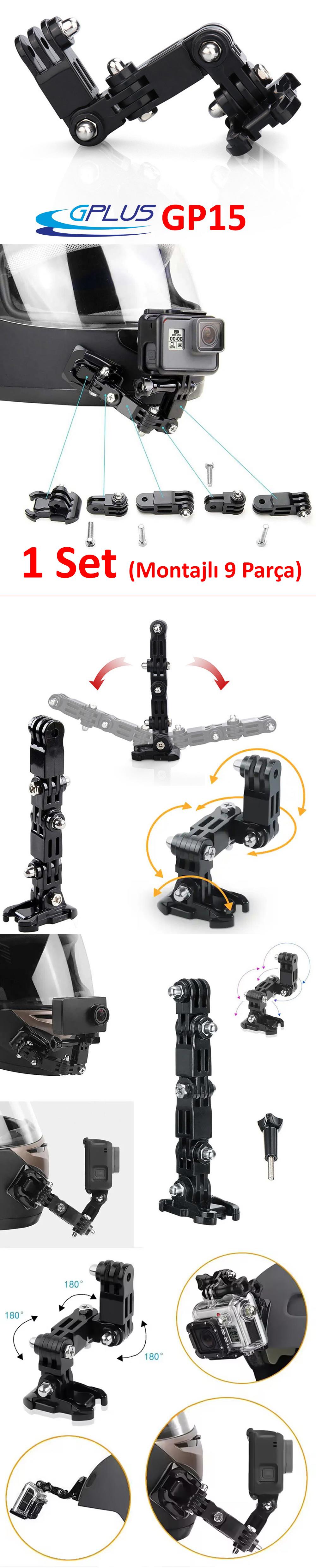 Gplus GP15 Aksiyon Kamera Uyumlu Yatay Dikey 180 Derece Ayarlanabilir 4 Yollu 13 cm Hızlı Tak Uzatma Aparatlı Motor Kask Bağlantı Seti