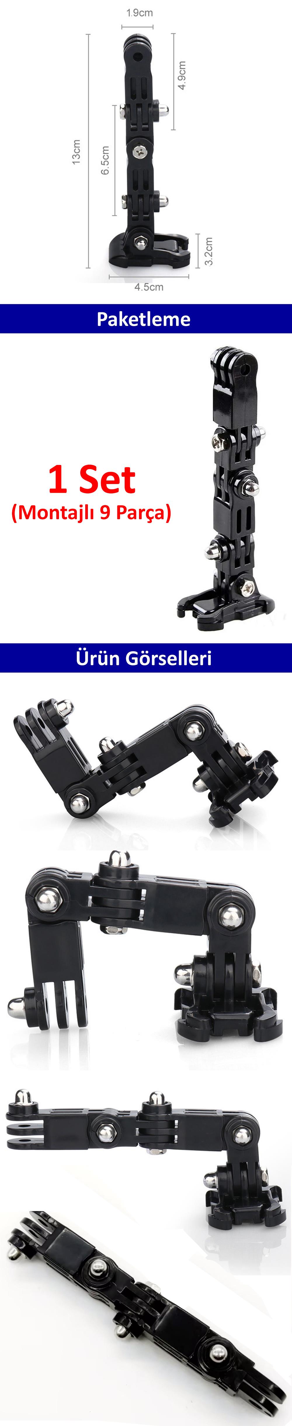 Gplus GP15 Aksiyon Kamera Uyumlu Yatay Dikey 180 Derece Ayarlanabilir 4 Yollu 13 cm Hızlı Tak Uzatma Aparatlı Motor Kask Bağlantı Seti