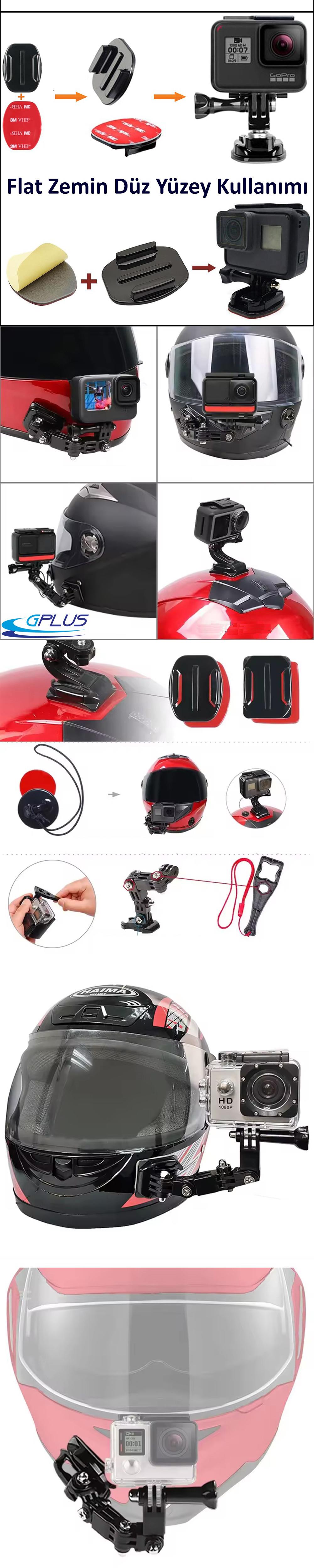 Gplus GP15VKY 6 Parça Aksiyon Kamera Uyumlu Flat Düz Zemin Oval Kavisli Yüzey Vidalı 4 Yollu Hızlı Tak 3M Yapışkan Uzatma Motor Kask Bağlantı Seti