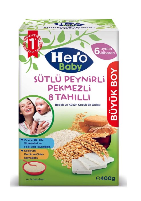 Hero Baby Sütlü 8 Tahıllı Peynirli Pekmezli Ekonomik Paket Kaşık Mama 400 Gr