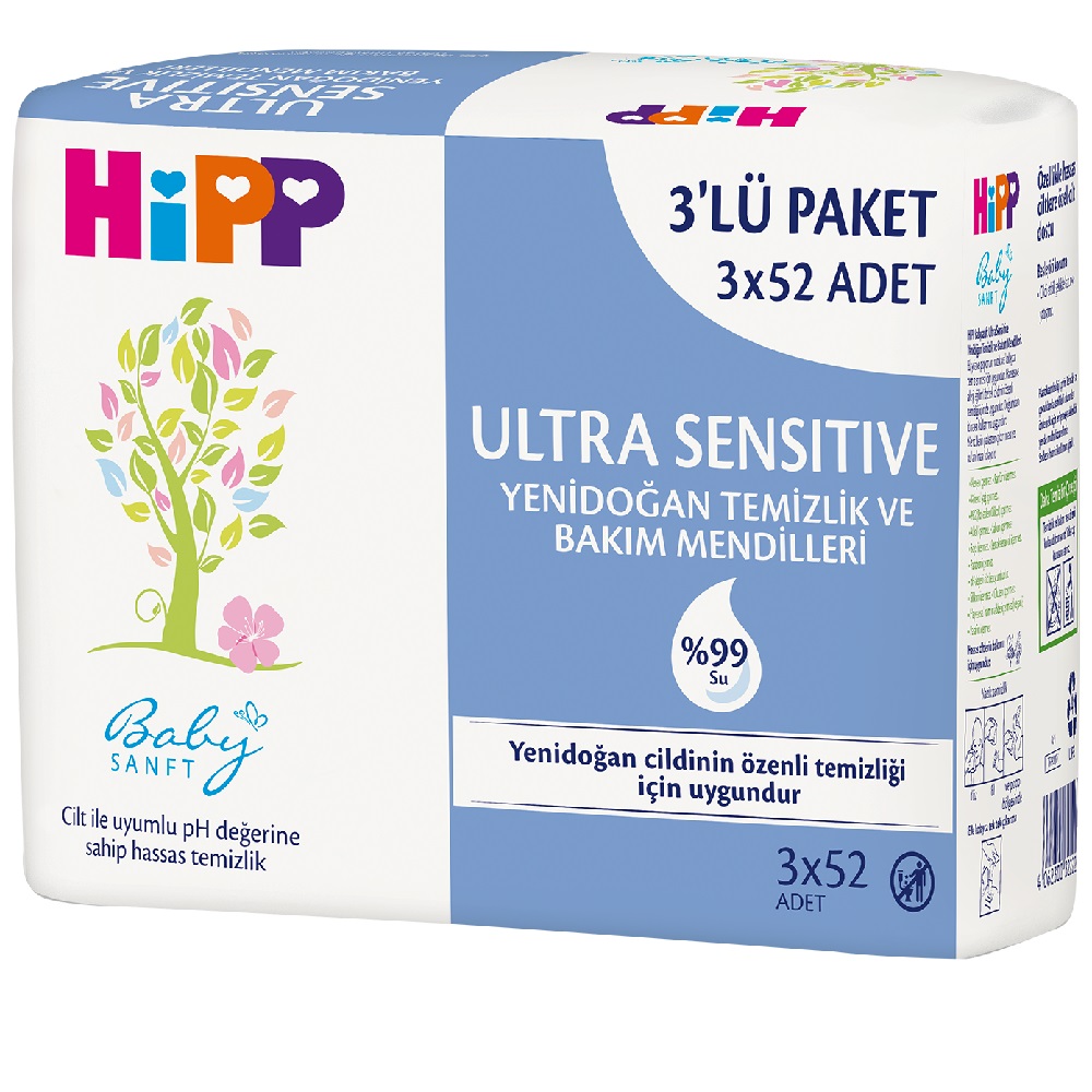 Hipp Ultra Sensitive Yenidoğan Temizlik ve Bakım Mendili 3`Lü 156 Yaprak